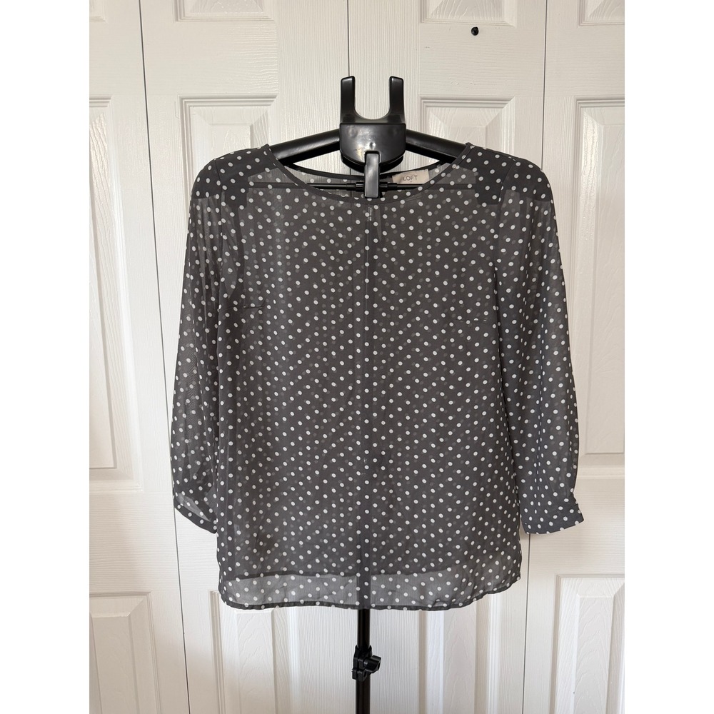 LOFT Womens XS Grey White Polka Dot Chiffon Blouse 3/4 Sleeve Boat Neck Top